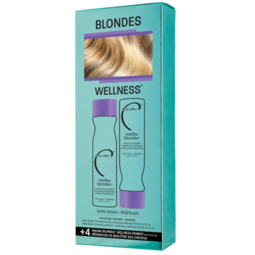 Mechas rubias en casa: cómo mantenerlas sin que amarilleen 4 Pack Malibu C Blondes Wellness Collection: champú, acondicionador y 4 sobres Malibu Blondes